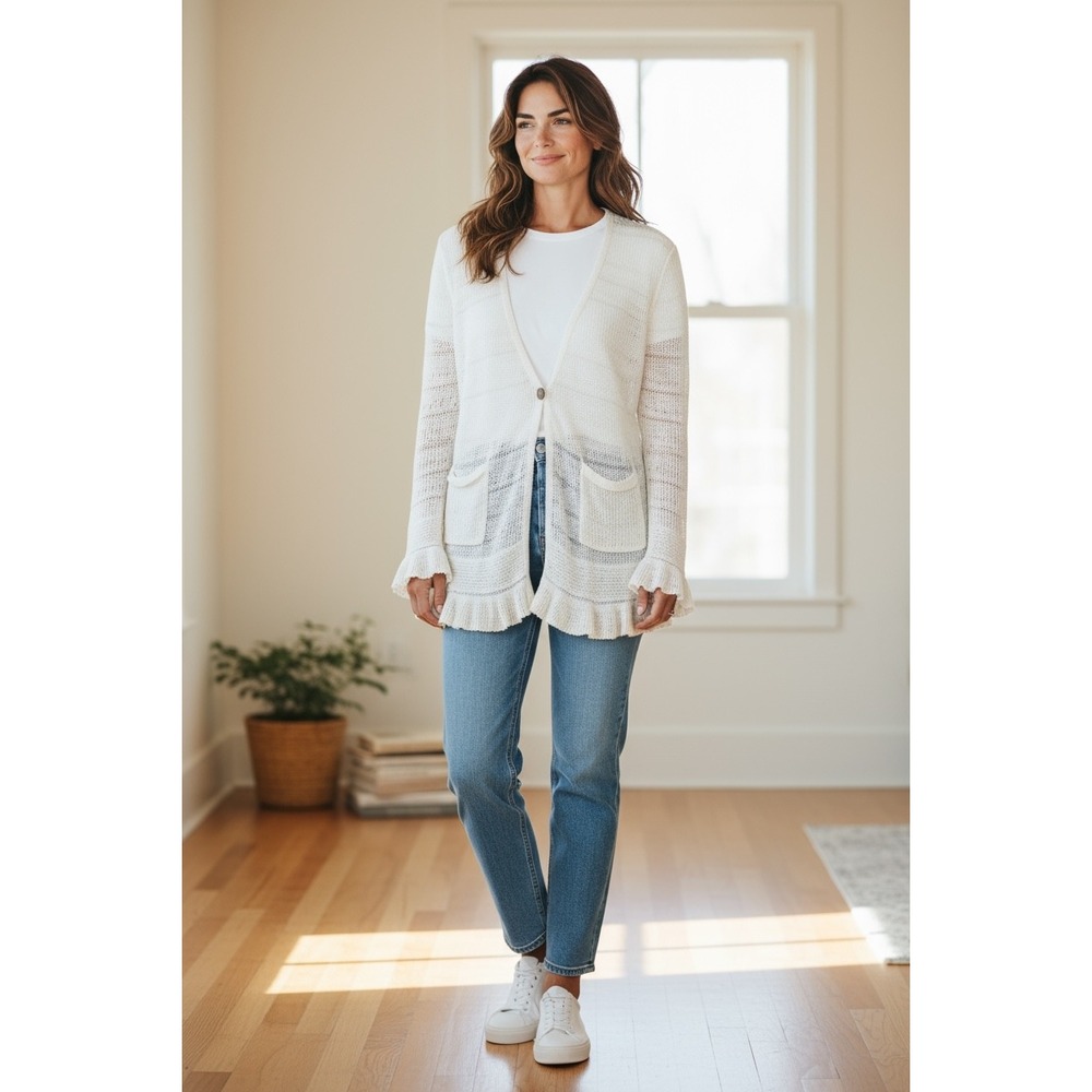 Ralph Lauren Rugby Linen Knit Cardigan Sweater‎ Ruffle Trim Cream M